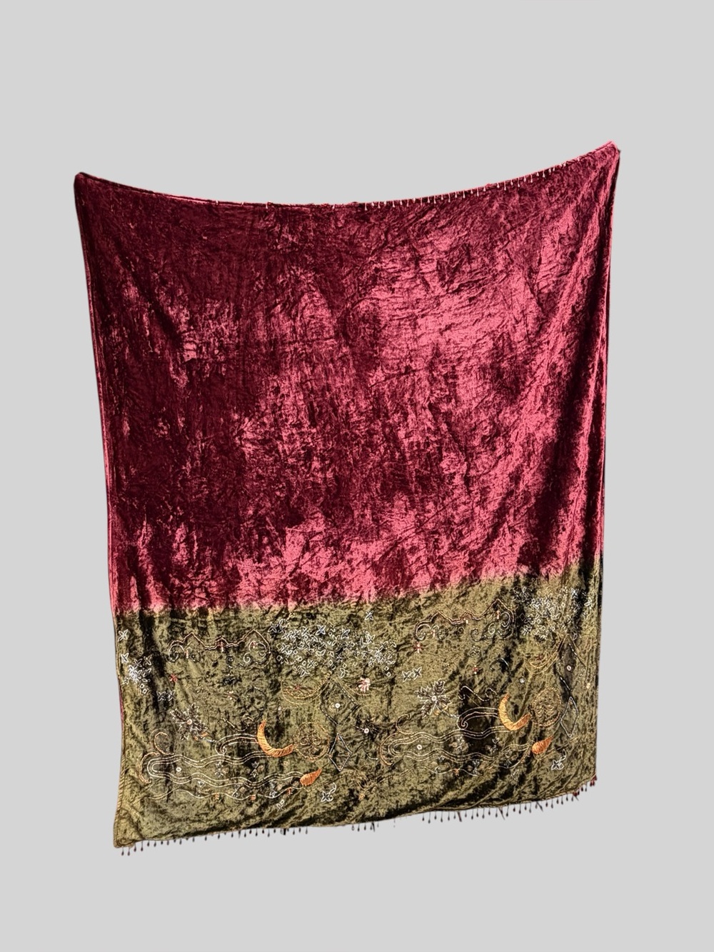 Burgundy green velvet beaded fringe throw blanket